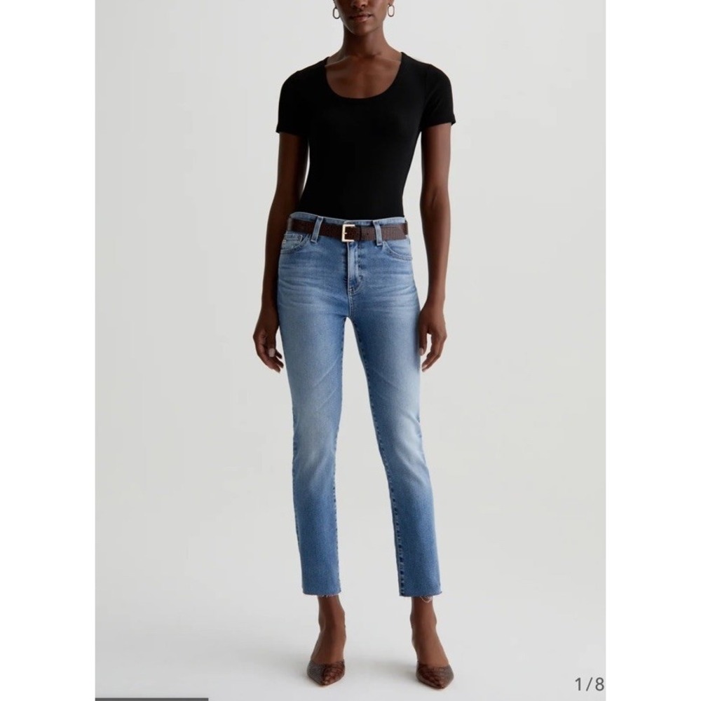 AG Mari Crop Mid Rise Slim Straight Jeans Womens 31 Stretch Denim Raw Hem